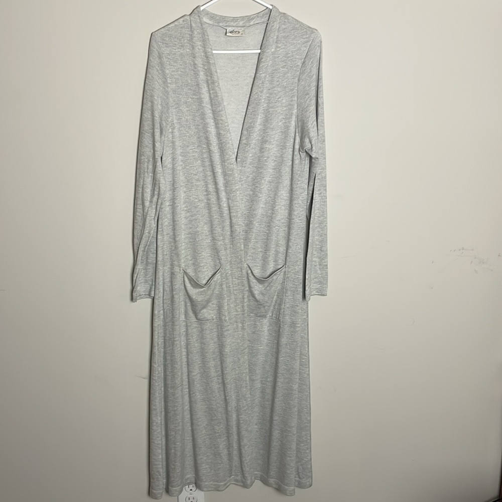 Plume and Thread Soft Light Gray Long lounge Open Sweater-2 front pockets- Large